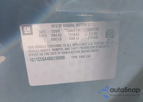 2013 Chevrolet Malibu 1Lt from USA, damaged, VIN 1G11C5SA4DU130000